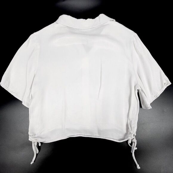ZARA Oversized Short Sleeve Button Down Shirt Ruched Crop Top Minimal Boho White - Picture 5 of 7